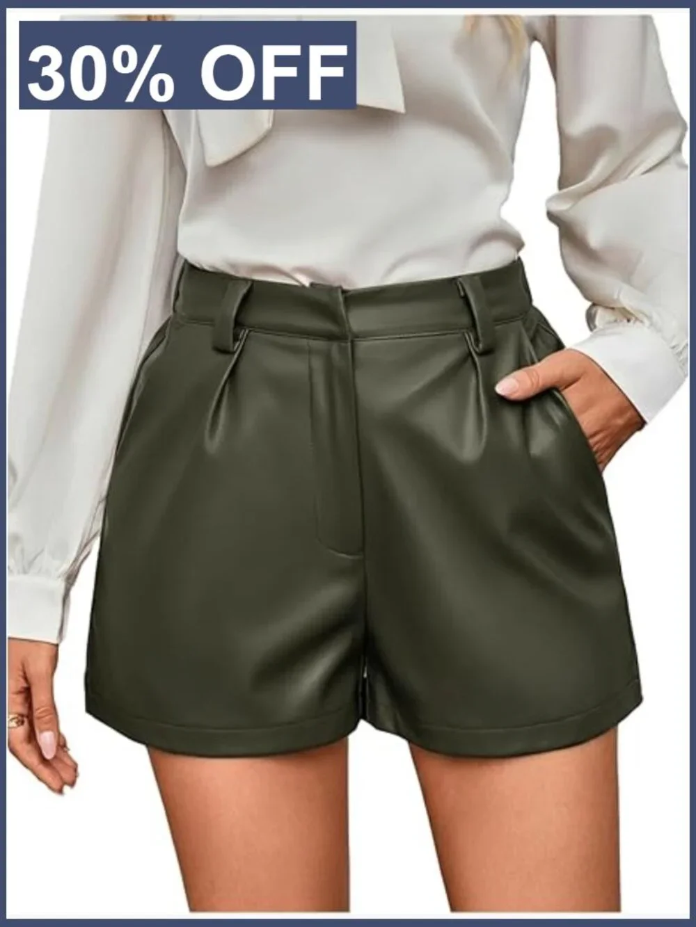 PU Leather High Waisted Pleated Wide Leg Shorts with Pockets